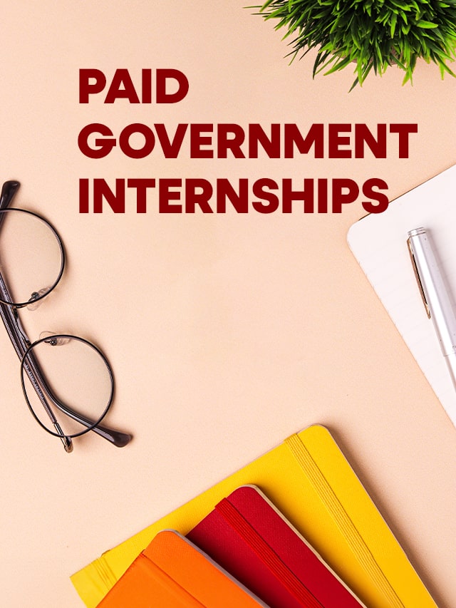three notebooks on desk, with reading glasses on a desk, top view with a text mentioned 'paid government internship". Concept of SFIO Internship Program Overview