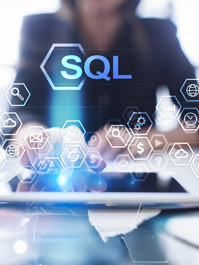 Woman pressing on virtual screen and select SQL; Concept of sql developer careers, jobs, hiring in India.