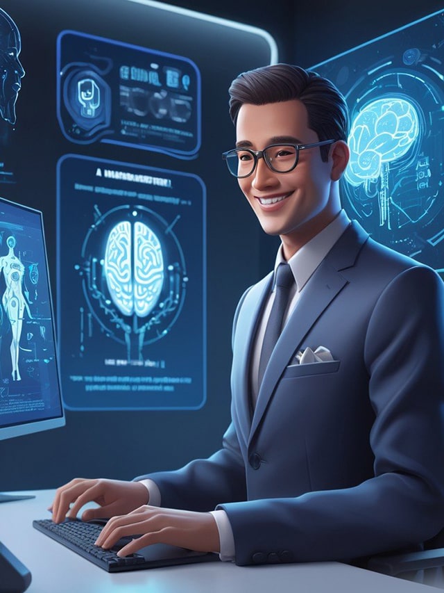 A smiling Prompt engineer working on desktop writing AI prompts, wearing formal casuals, vertical orientation image,; Top Companies Hiring Cloud Engineer in Early August 2024