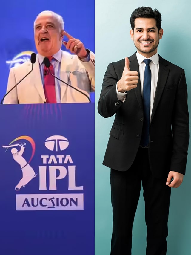 A collage of images depicting IPL auction and job seekers (split-screen). On one side there is an image of an IPL auctioneer calling out bids and IPL team owners actively participating. On the other side, there is an image of a job seeker.