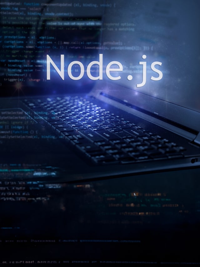 Node.js inscription against laptop and code background; concept of top companies hiring node js developers