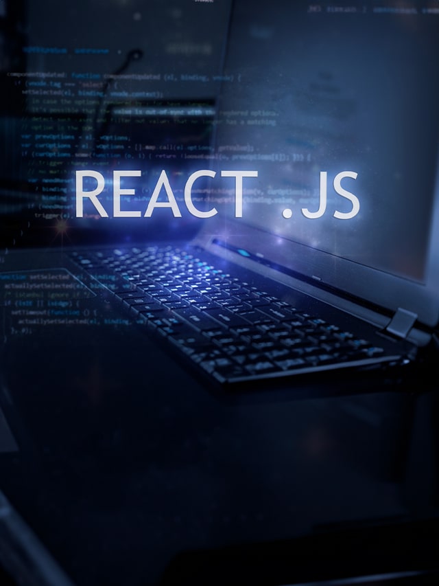 React .js inscription against laptop and code background; concept of Top Companies Hiring React Js Developer in Late July 2024