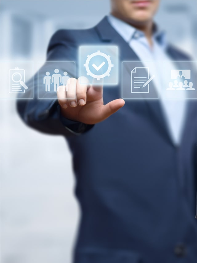 Man in Navy blue suite pointing finger to a virtual circle checkbox, Standard Quality Control Certification Assurance Guarantee Internet Business Technology; Concept of Top Companies Hiring Produt Manager in June 2024