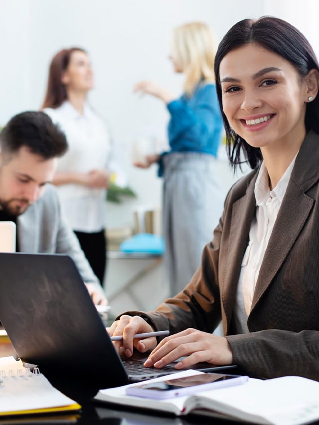Medium shot woman working on laptop. Concept Top companies hiring HR manager