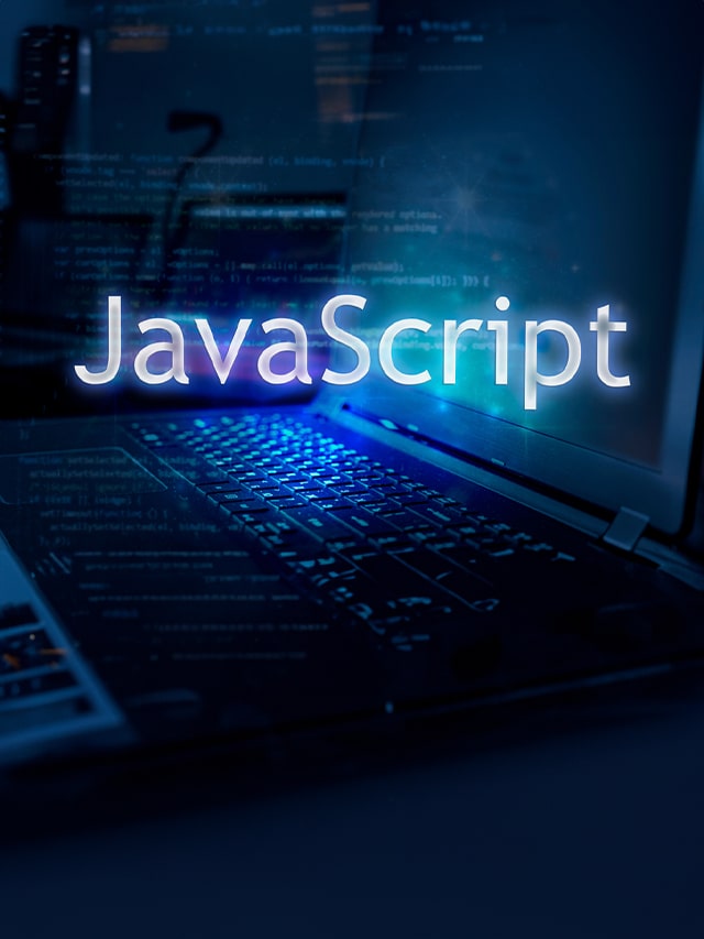 JavaScript inscription against laptop and code background; concept of Most Asked JavaScript Interview Questions 2024