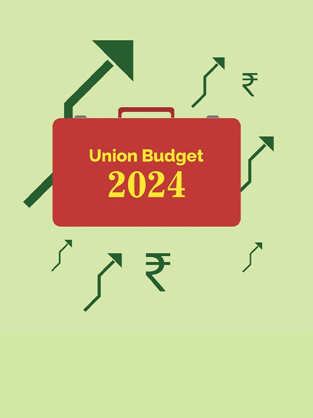Union Budget 2024 India. Red suitcase and up market arrows with rupee symbol showing budget positive impact on Indian economy; concept of Union Budget 2024's impact on new employment schemes, driving economic growth and job creation. Latest employment schemes introduced in Union Budget 2024, designed to boost job opportunities.
