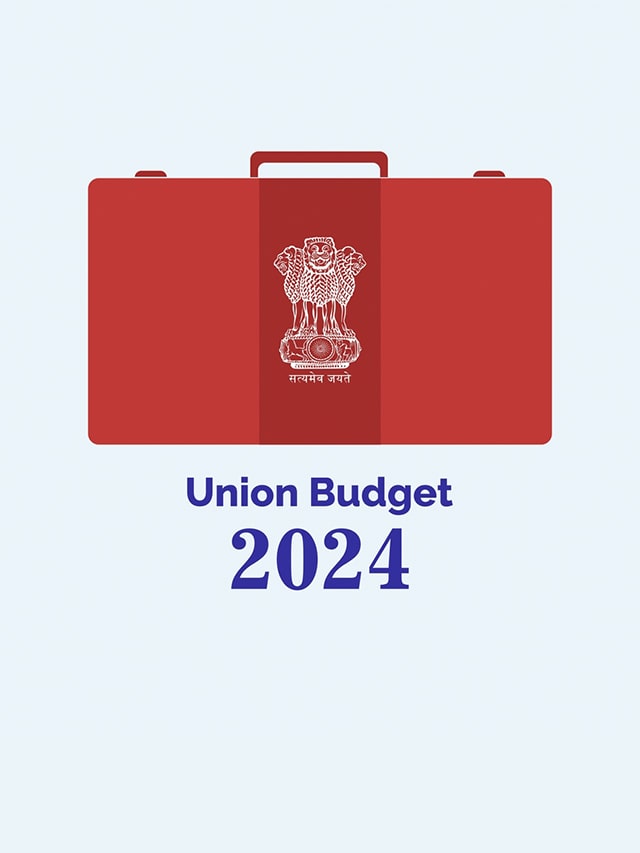 Union Budget 2024 India. Red suitcase and national emblem of India. Vector, Illustration. Union Budget 2024-25; concept of Budget Announcement 2024, Economic Plans 2024, Fiscal Policy Update