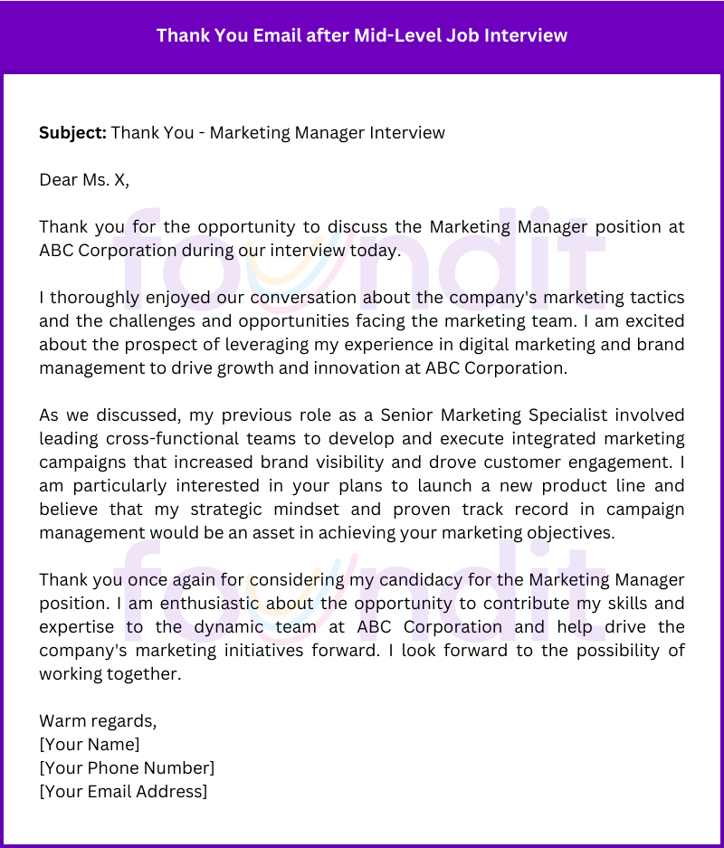 sample of a thank-you email examples after mid level job interview