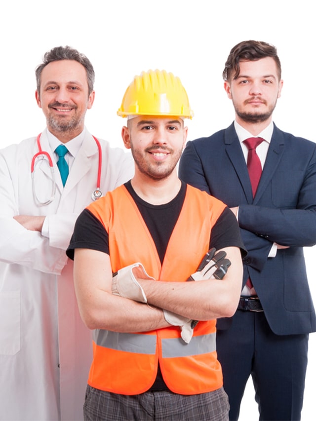 Confident young men with different professions keeping their arms crossed and smiling on white background; concept of 7 Future-Proof Jobs AI Can't Touch