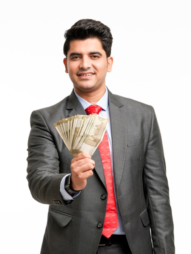 Young indian man in suit and showing indian rupees on white background; concept of Highest Paying Cybersecurity Jobs in India