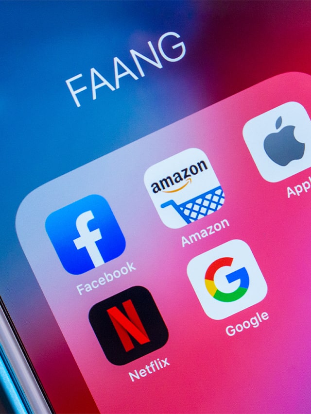 Image of FAANG Big Tech icons (Facebook, Amazon, Apple, Netflix & Google) on iPhone screen; cocept of How to Get into FAANG Companies as a Fresher