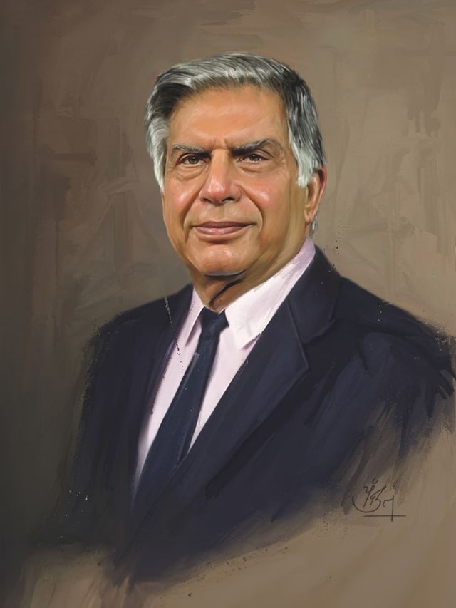 Drawing of Ratan Tata wearing suit in brown background; concept of Ratan Tata’s Career: Humble Beginnings to Global Success