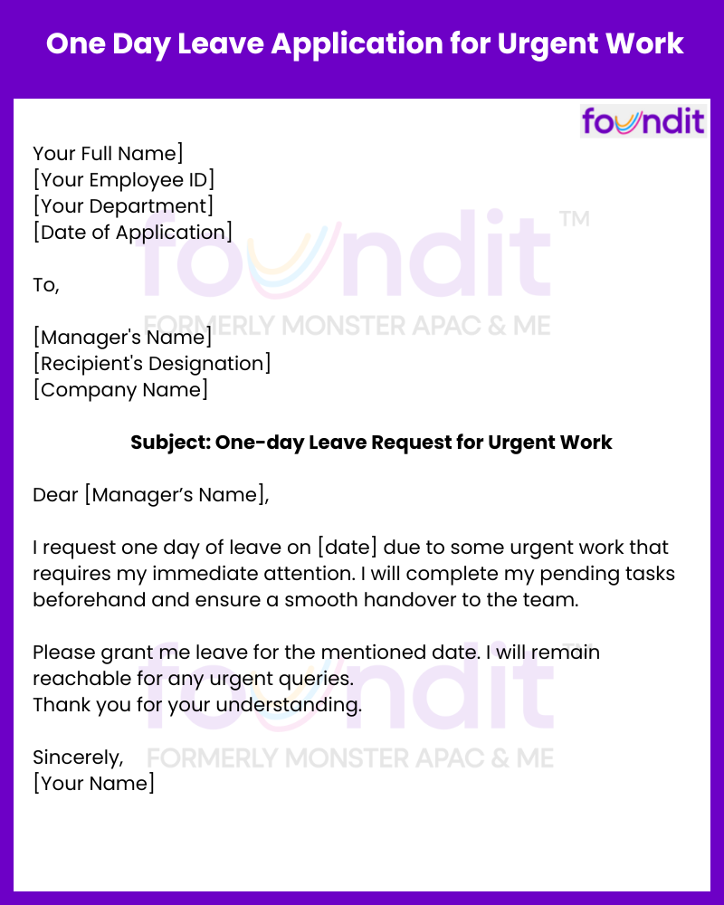  Sample of One Day Leave Application for Urgent Work