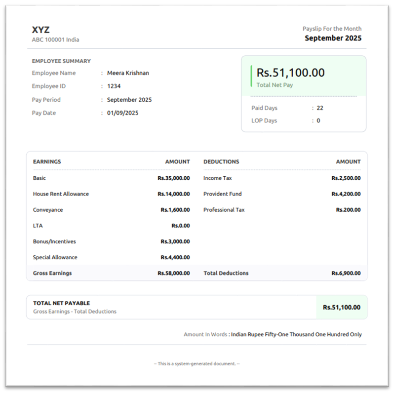 Monthly Salary Slip Sample