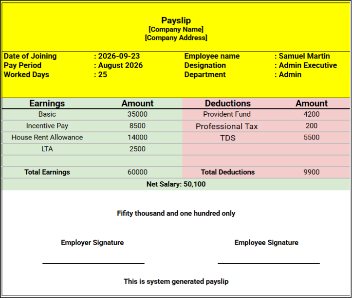 Payslip format sample , salary slip ctc format